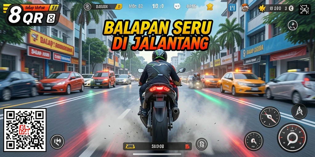 Antarmuka 8QR menampilkan grafis balap motor yang memukau.