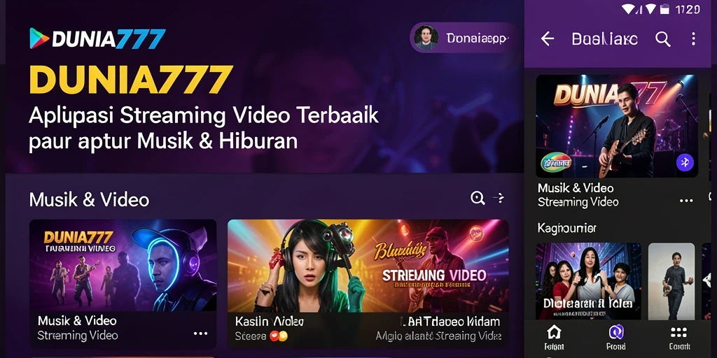 Screenshot utama DUNIA777 menampilkan antarmuka aplikasi streaming video yang menarik.