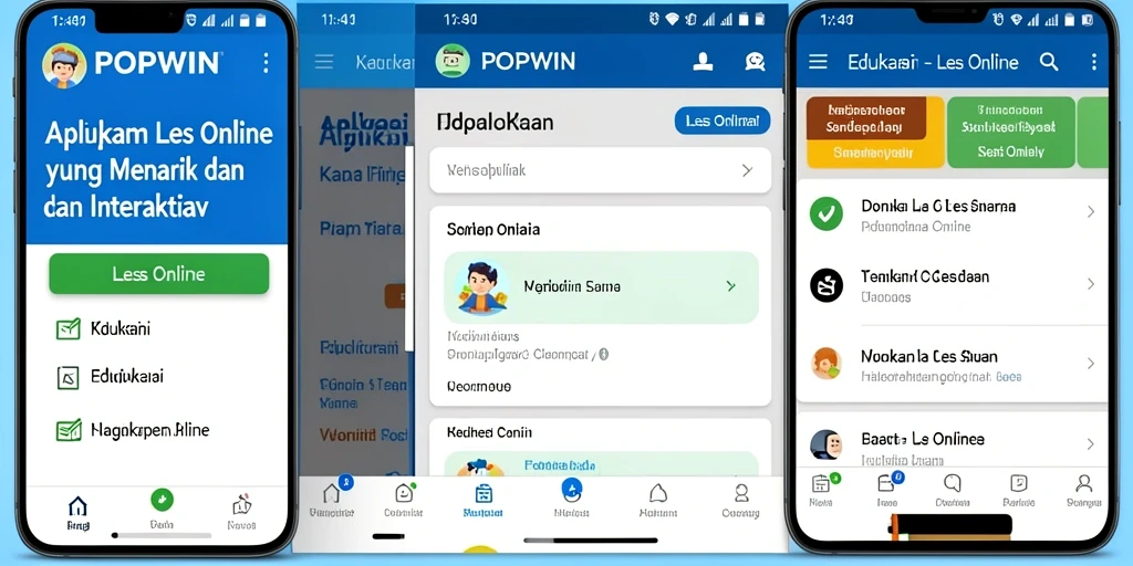 Tampilan antarmuka aplikasi POPWIN untuk Les Online yang interaktif.